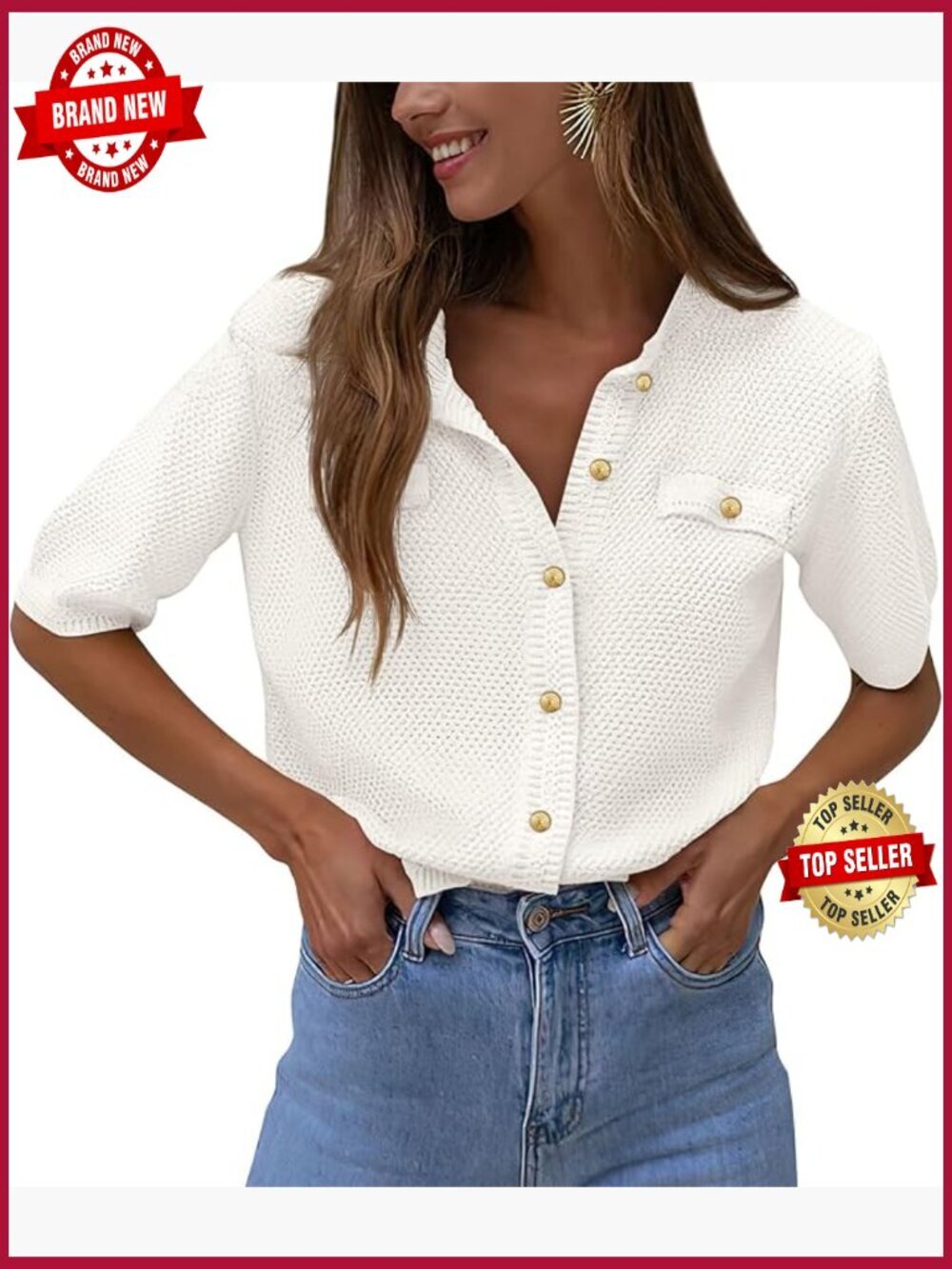 Women's Short Sleeve Button Down Ribbed Knit Blouse Top Cardigan